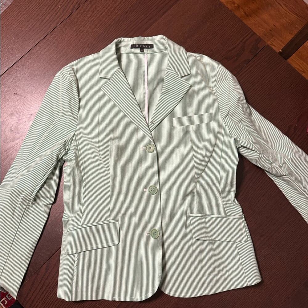 Theory Green / White Striped Cotton Blazer Size 10 - Picture 3 of 8